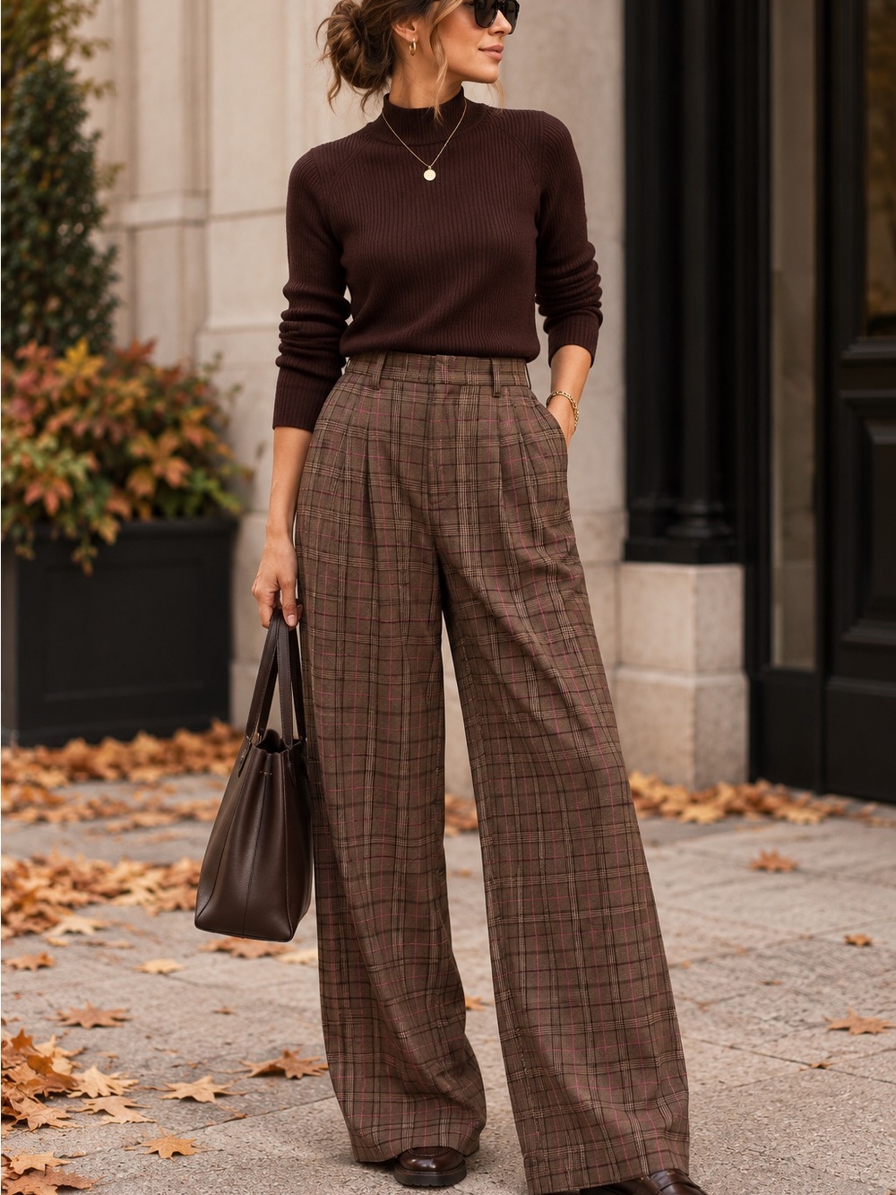NWT Cider Brown Plaid Wide Leg Pleated Trousers Pants Size L